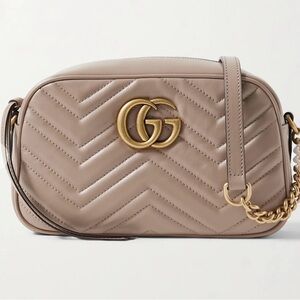 Gucci GG Marmont Small Shoulder Bag in 
Taupe matelassé chevron leather